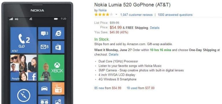 Amazon is Selling Nokia Lumia 520 AT&T for $54.99 only