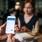 Midsection of businesspeople with smartphone in a cafe, checking finances.