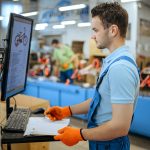 Bicycle factory, worker manages bike assembly line