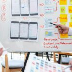 Designer team drawing website ux app development application for mobile phone.