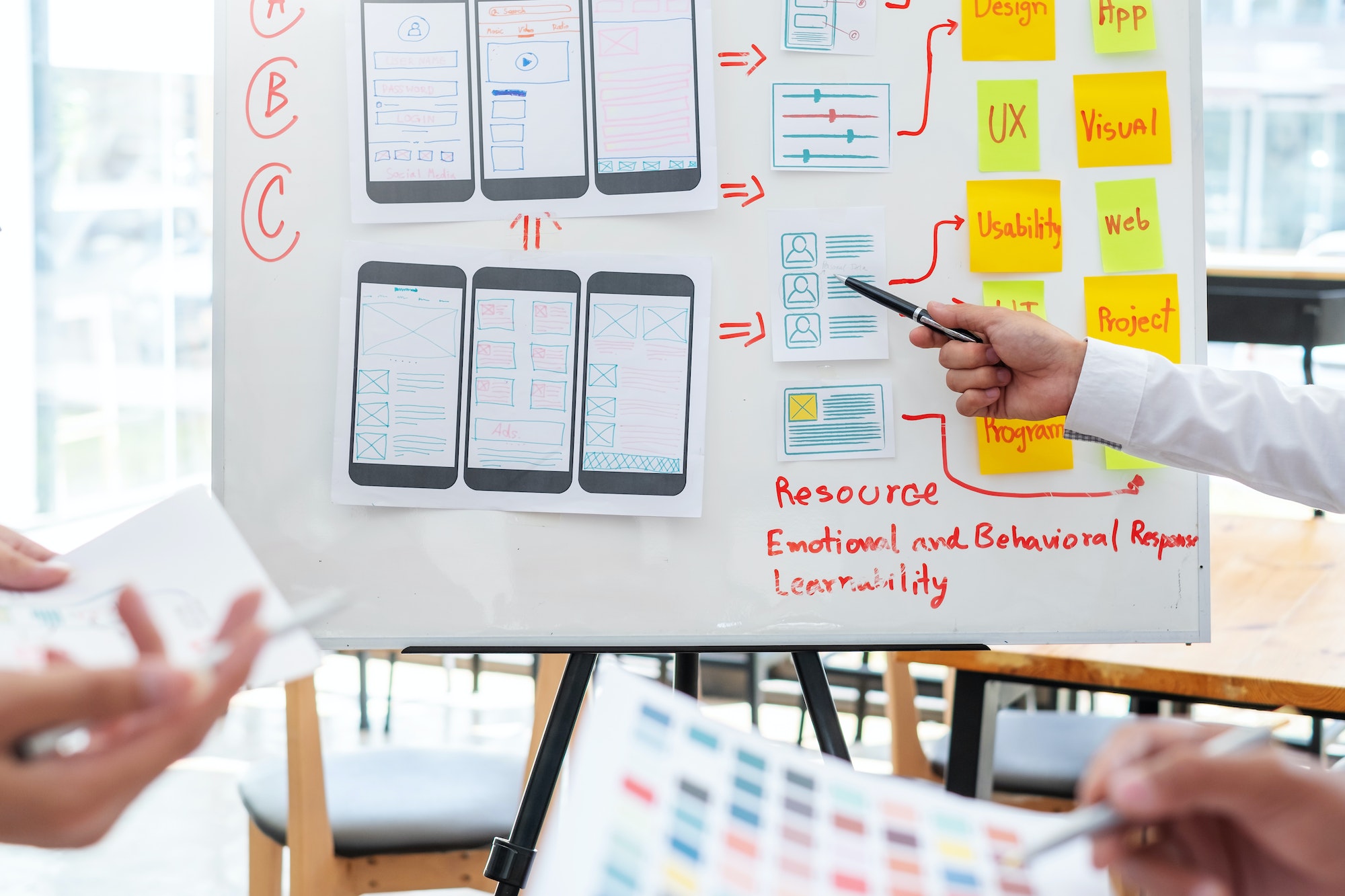 Designer team drawing website ux app development application for mobile phone.