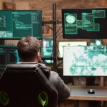 Rear view of hacker in front of computer with multiple screens