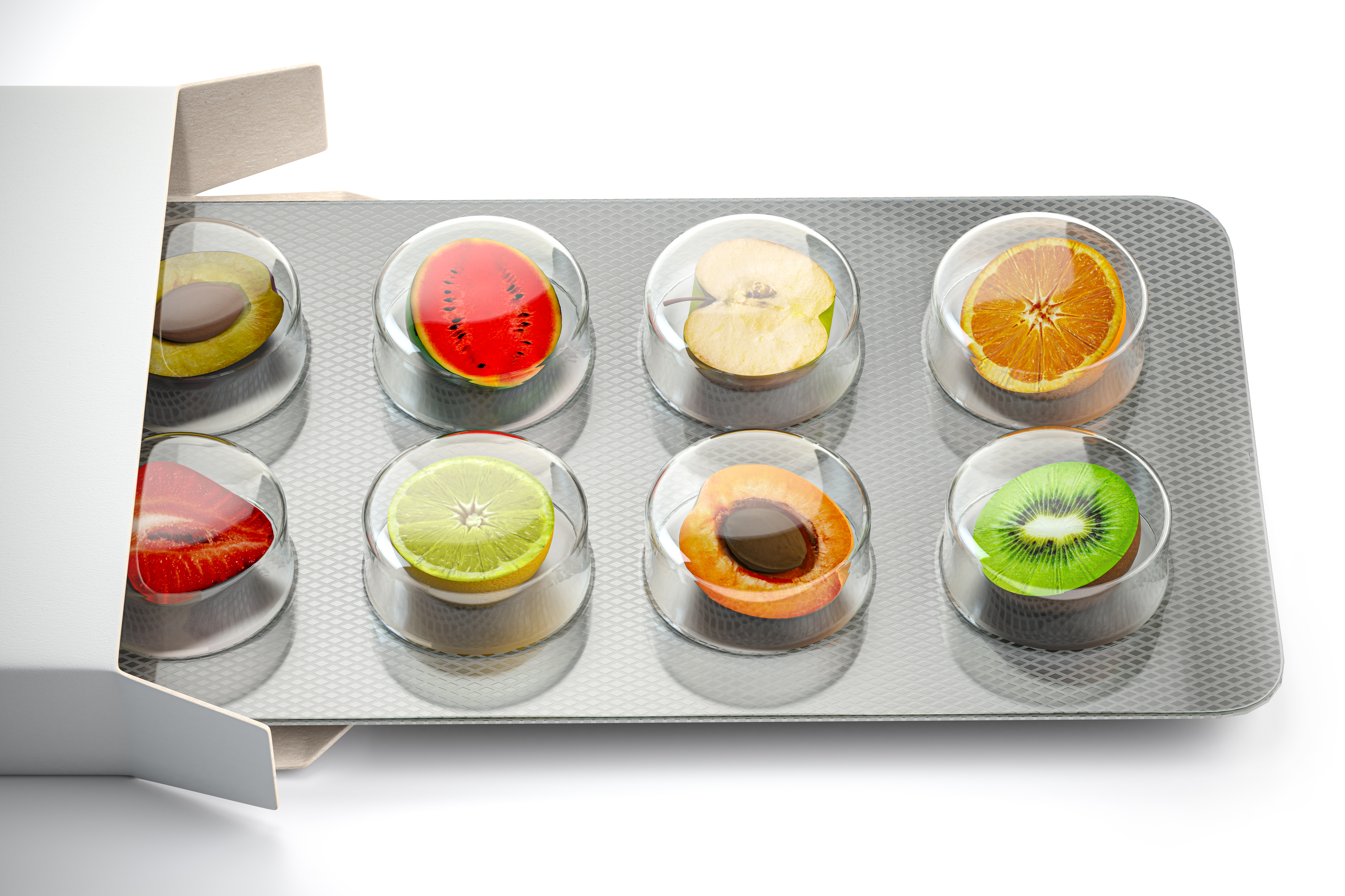 Multivitamins and dietary natural supplements for a healthy diet. Fruits in pills on blister pack.