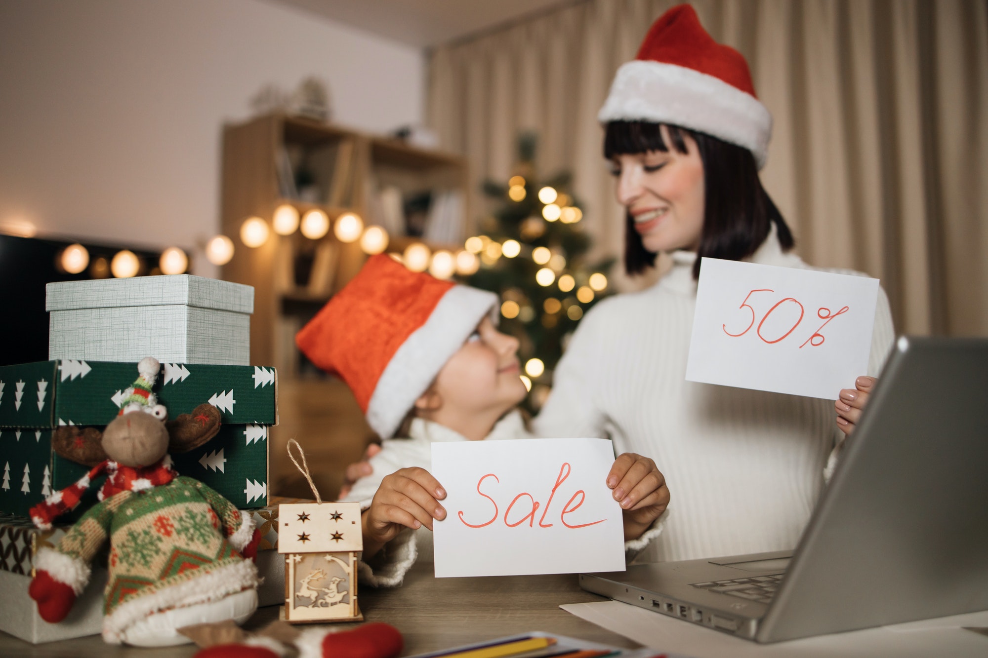 Focus on letters with sales inscription on Christmas Eve.
