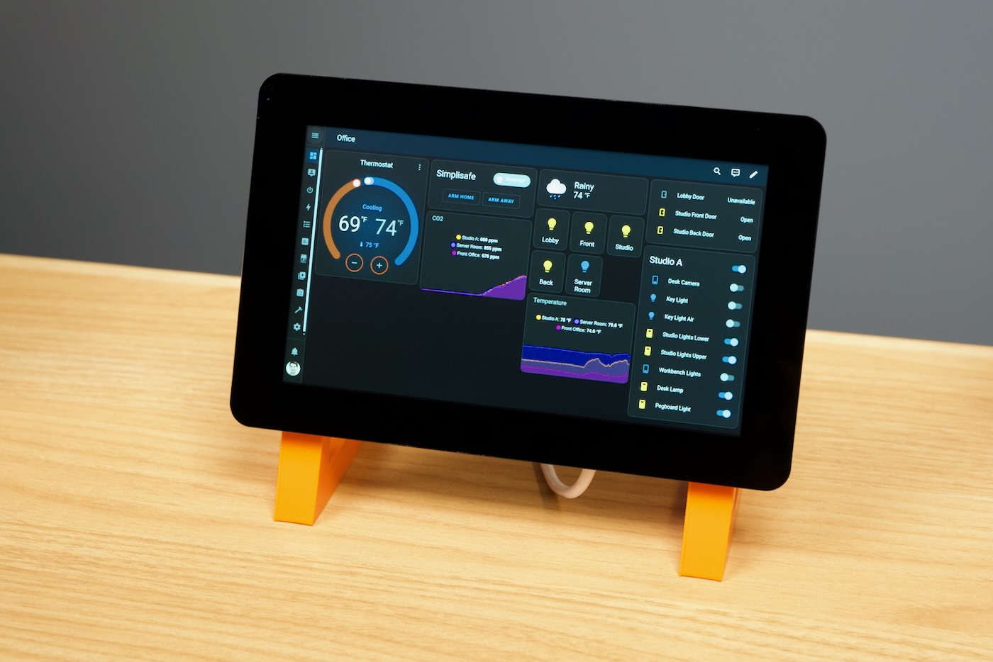 Home Assistant dashboard running on a Raspberry Pi touch display showing smart home controls
