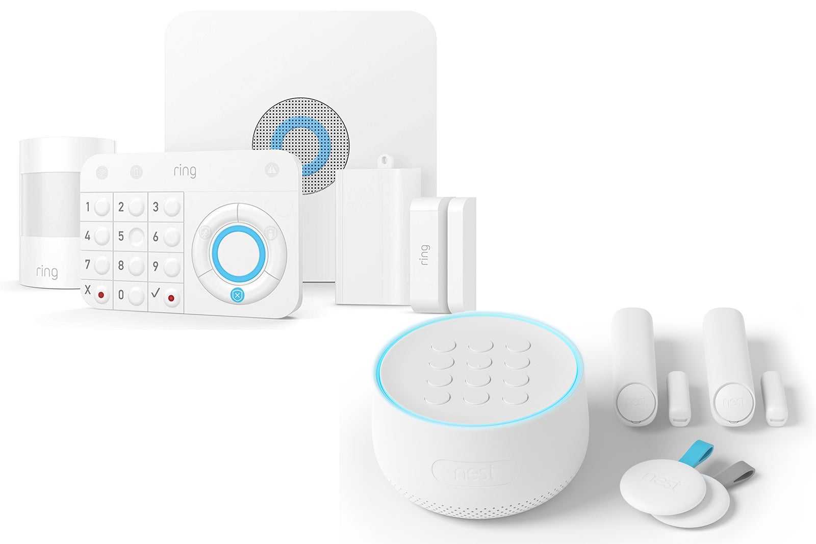 Ring vs Nest security camera comparison showing hardware from both ecosystems
