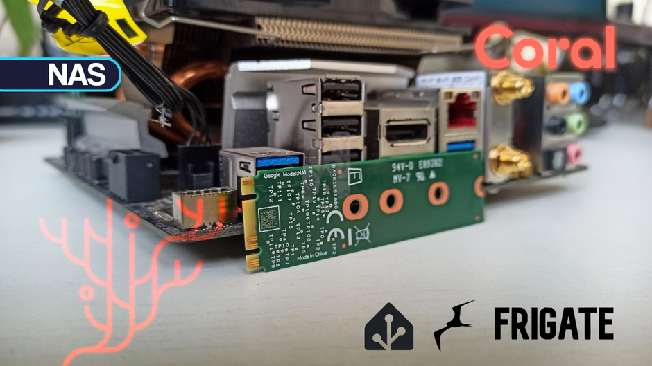 Frigate NVR dashboard showing AI object detection results with Coral TPU — person, car, and dog detections