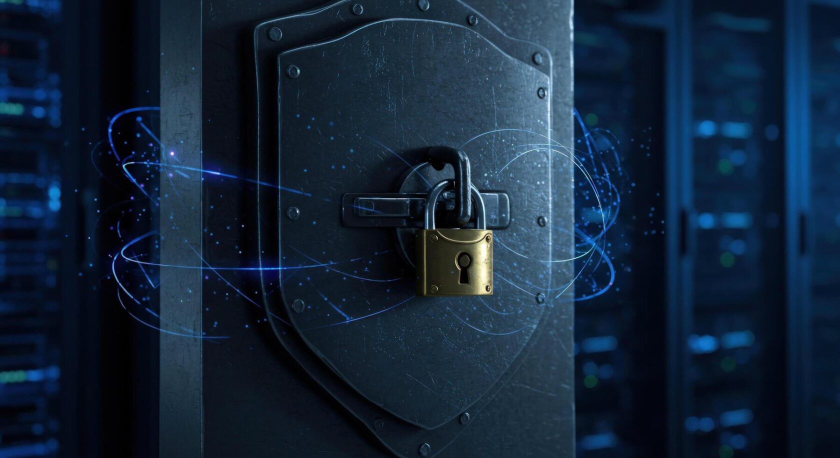 Padlock and shield over server hardware representing data protection
